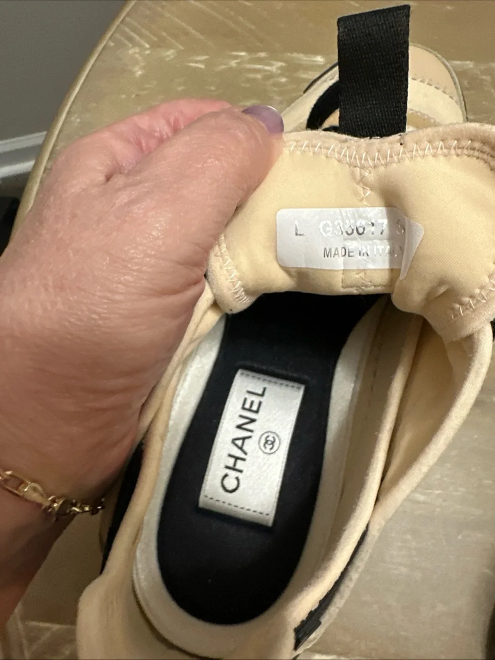 CHANEL Beige & Black Women's Lace-Up Sneaker with Gold CC